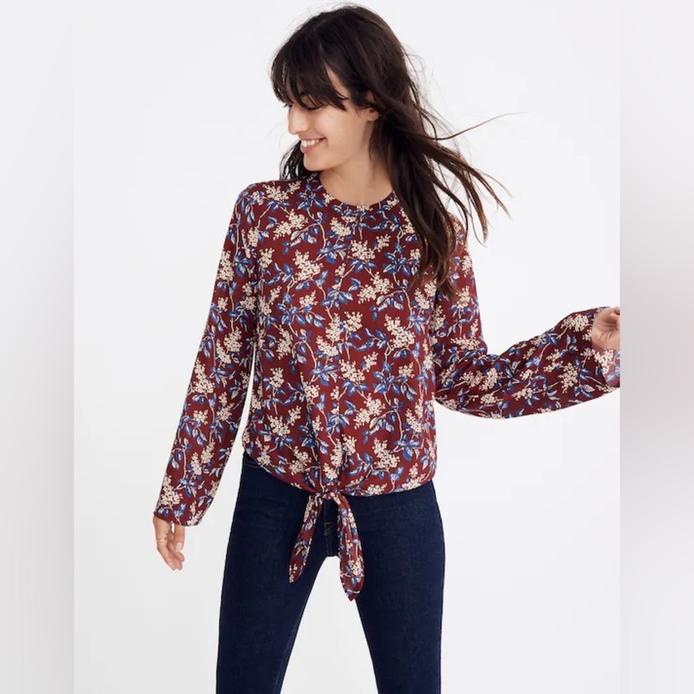 MADEWELL Bell-Sleeve Tie Top in Antique Flora Size M Boho Floral Cottagecore